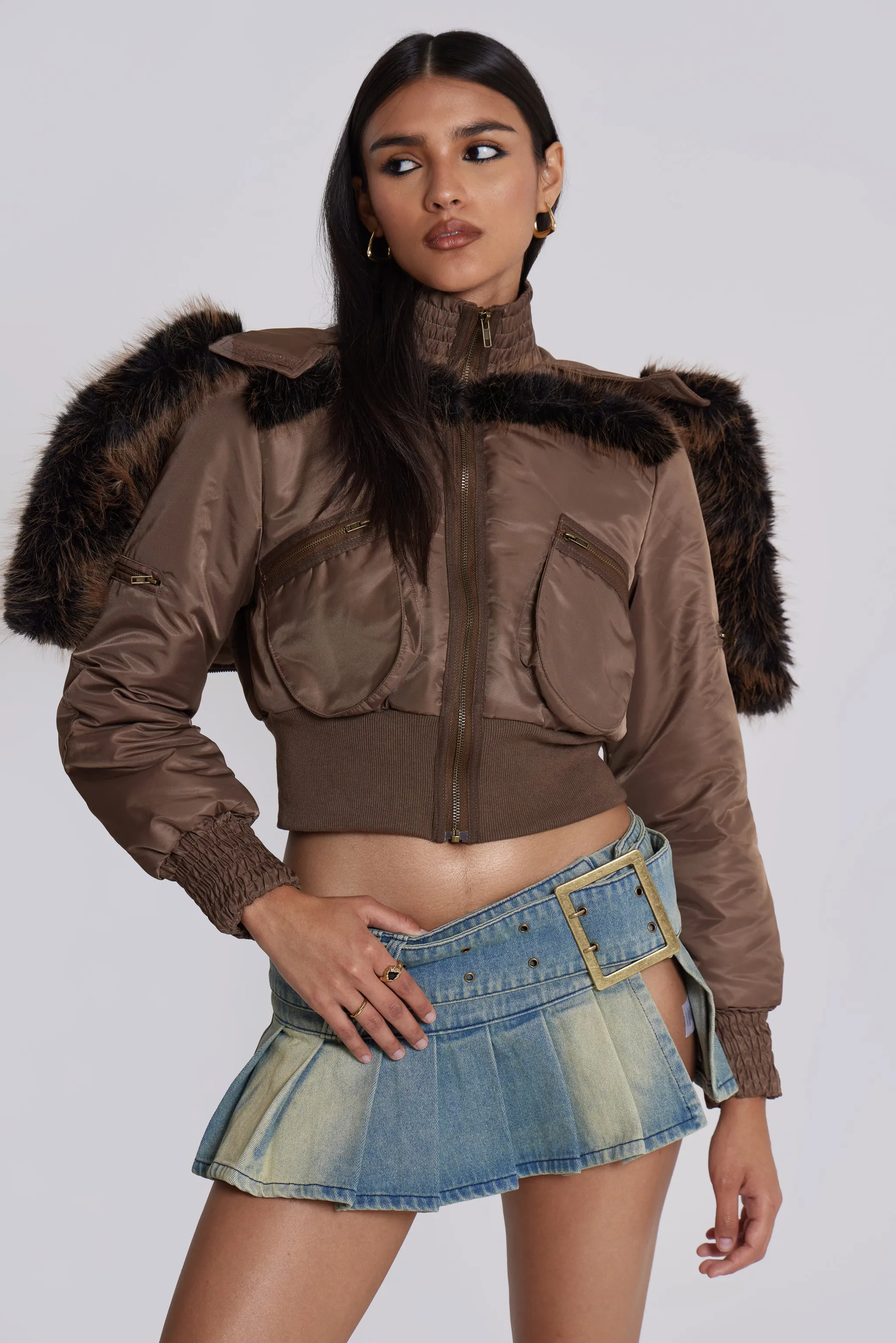 Lennux Faux Fur Bomber Jacket