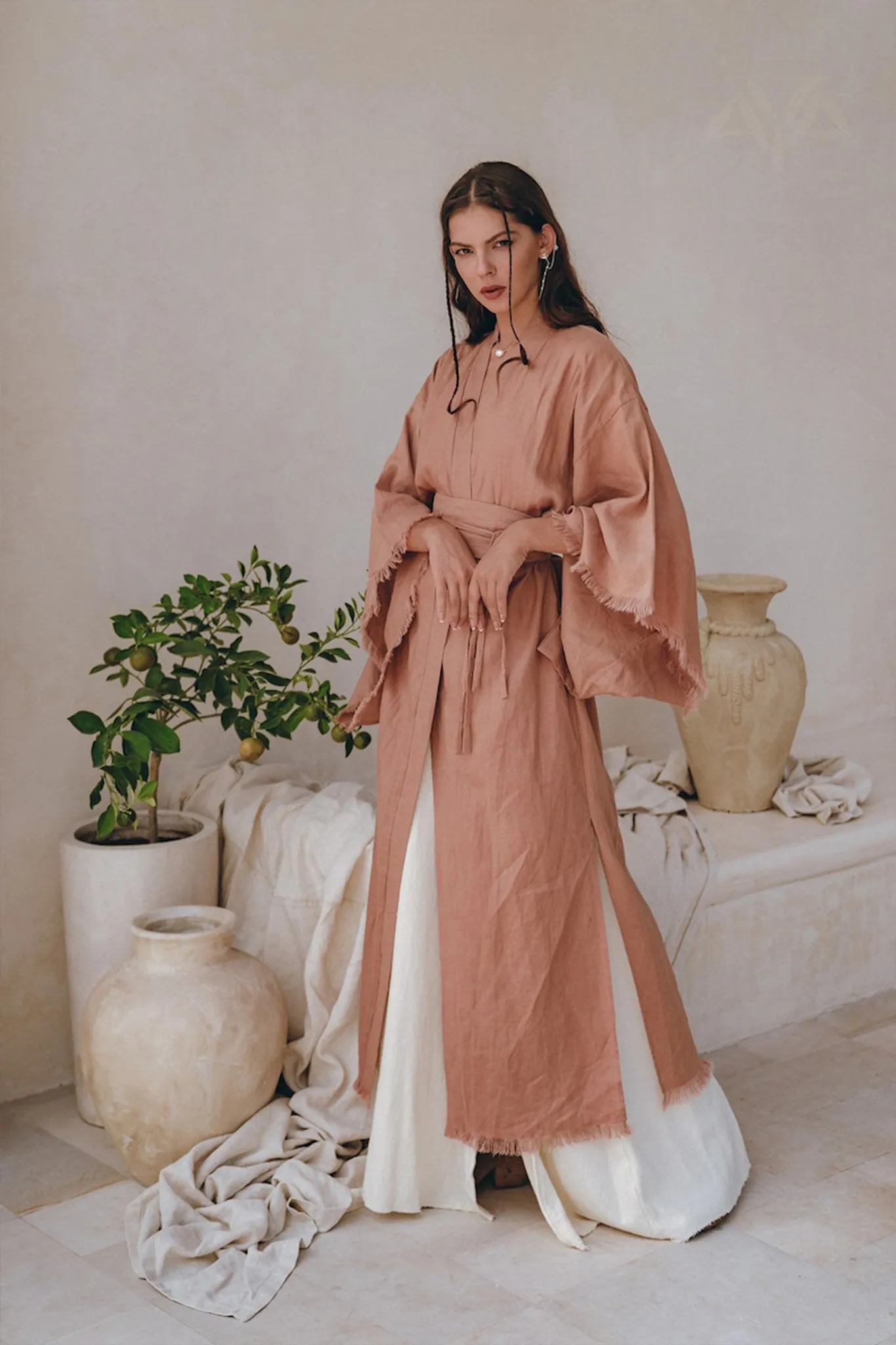 Linen Cardigan Women • Dusty Pink Overcoat • Boho Wrap Cardigan with Belt