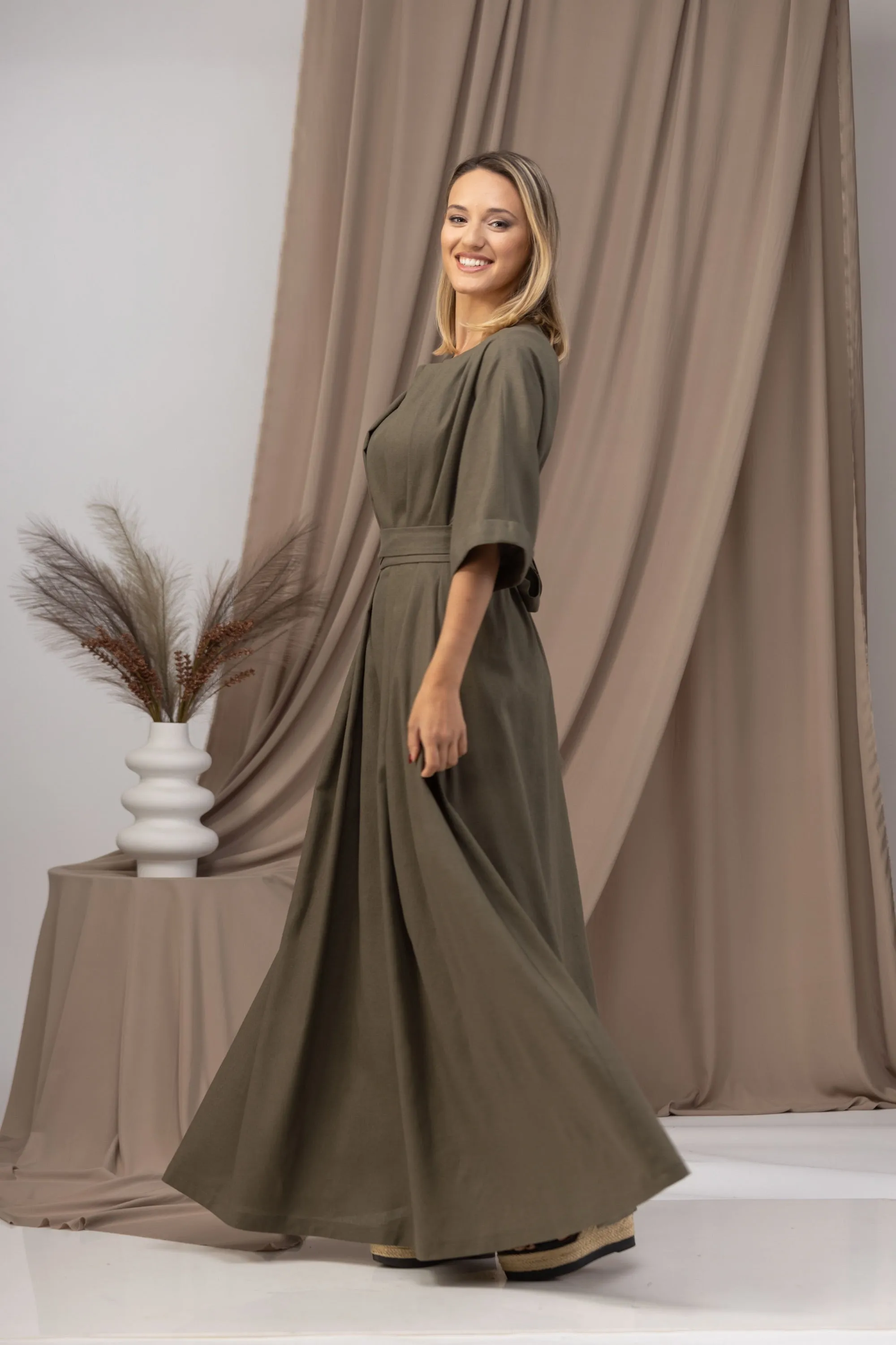 Linen Maxi Dress with a Tie Belt