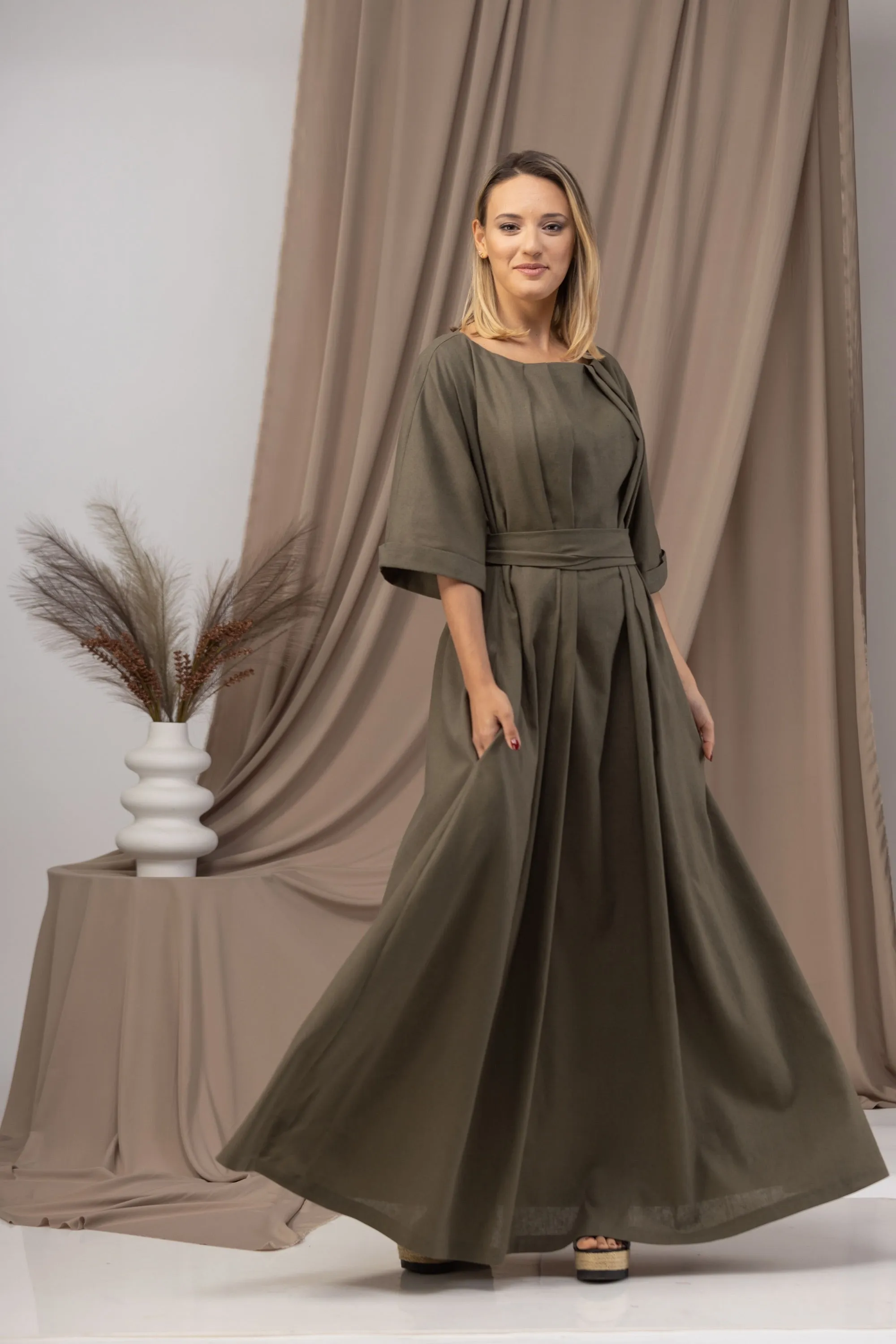 Linen Maxi Dress with a Tie Belt