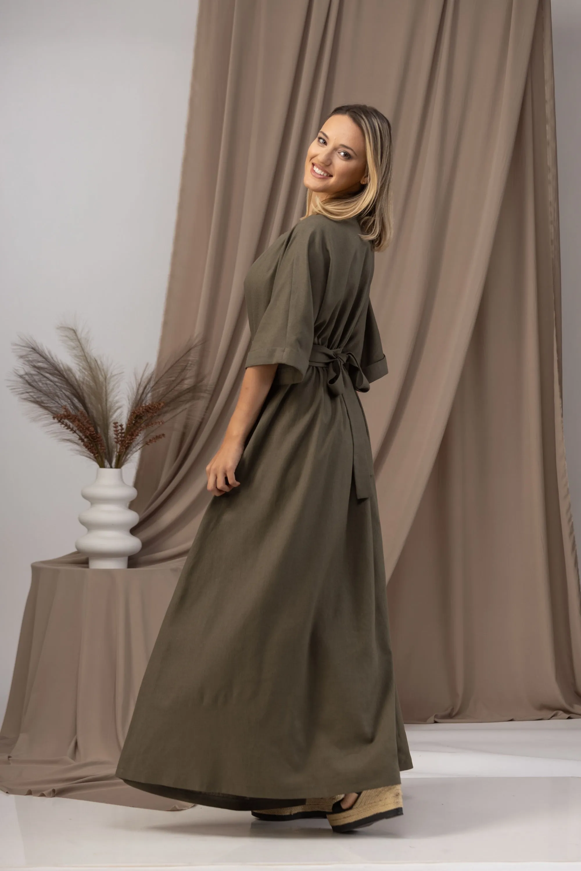 Linen Maxi Dress with a Tie Belt