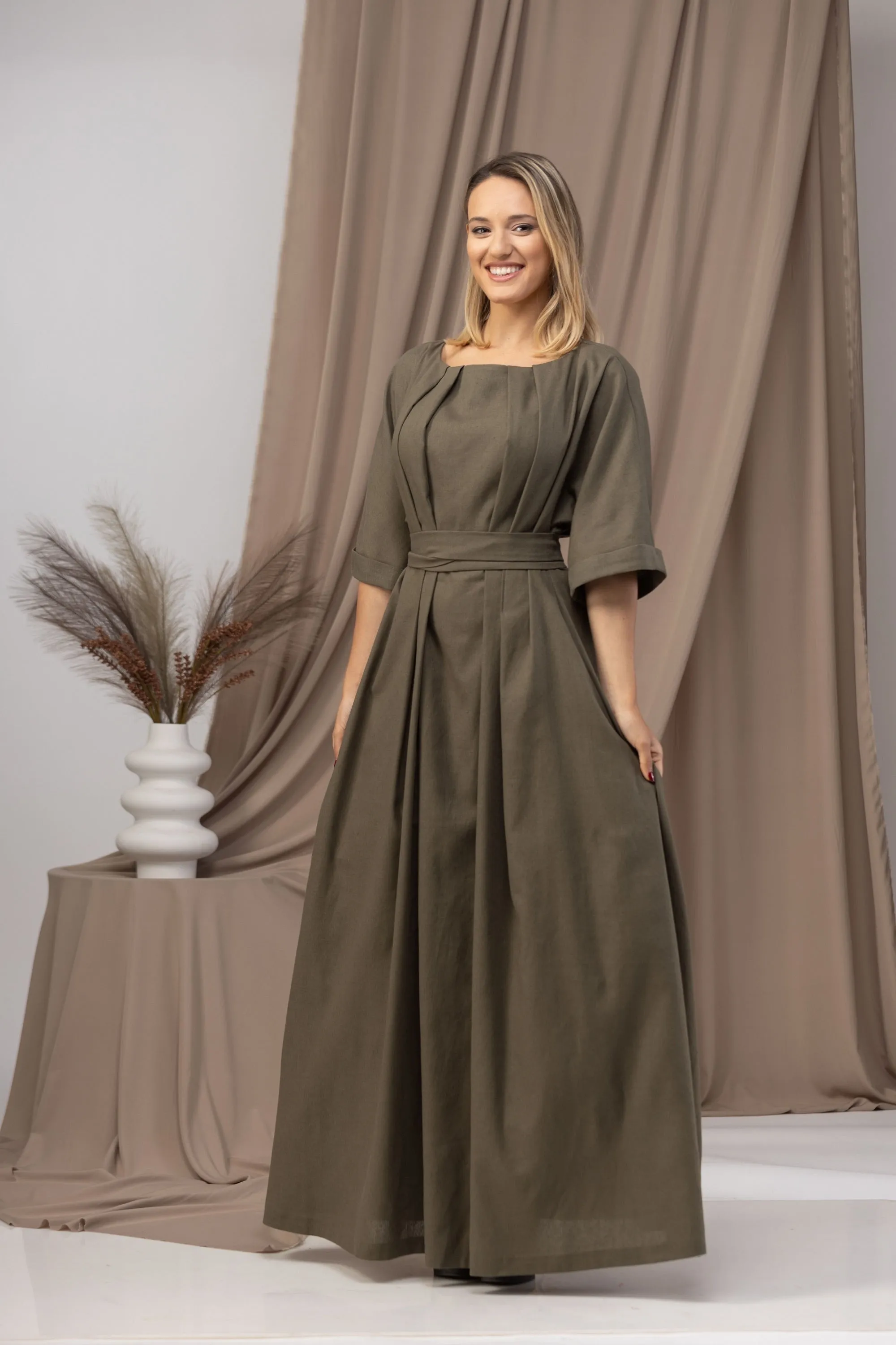 Linen Maxi Dress with a Tie Belt