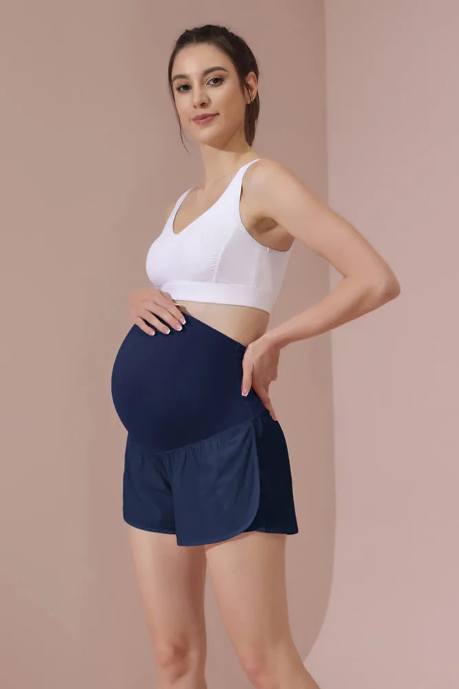 Maacie Navy Women Maternity Layered Fast Drying Yoga Shorts with Liner Inner Pocket