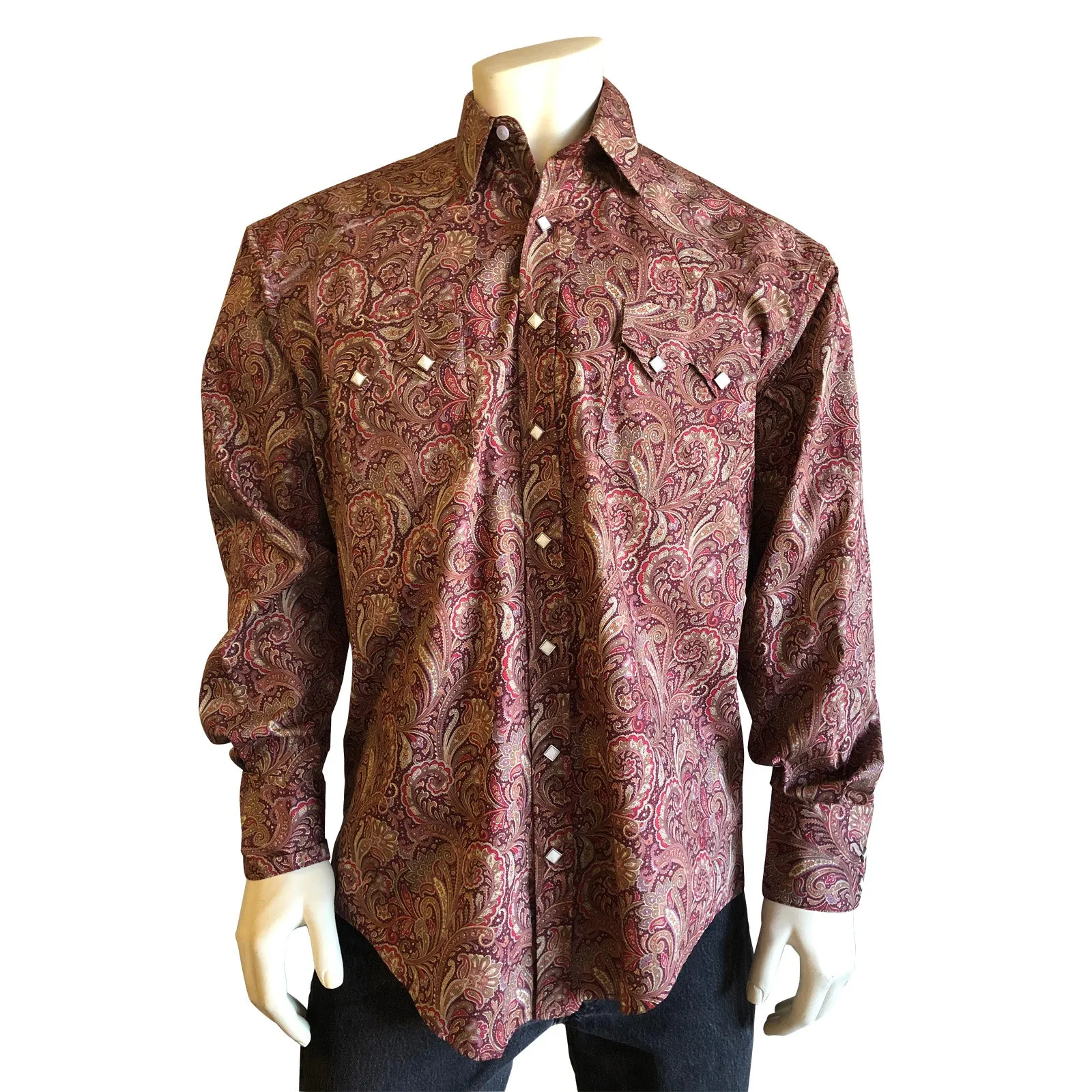 Men's Ornate Paisley Print Western Shirt in Burgundy