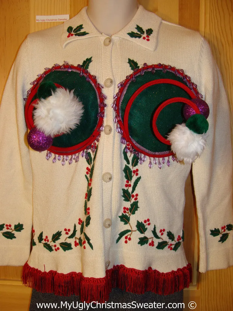 Naughty Tacky 3D Ugly Christmas Sweater Springy Funny with Purple Beadwork and Fringe (r11)