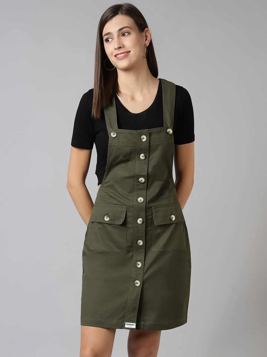 NaughtyDungaree® Cotton Twill Womenswear Dungaree Dress - Olive Green