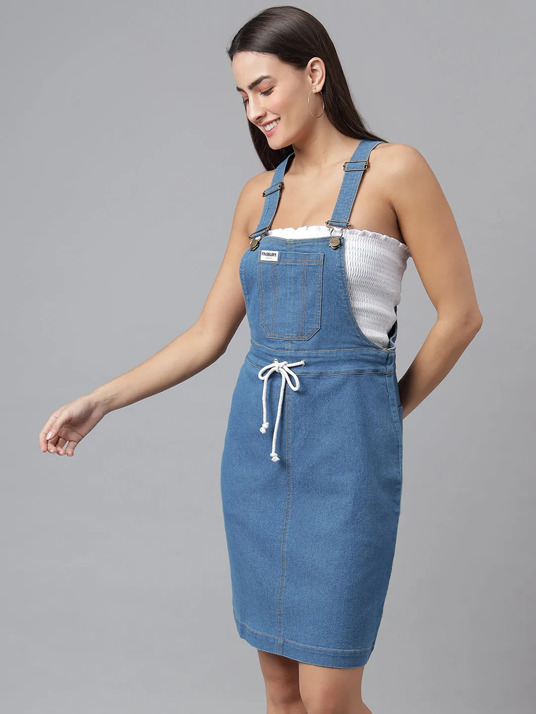 NaughtyDungaree® Women's Denim Dungaree Dress with Contrast White Stings