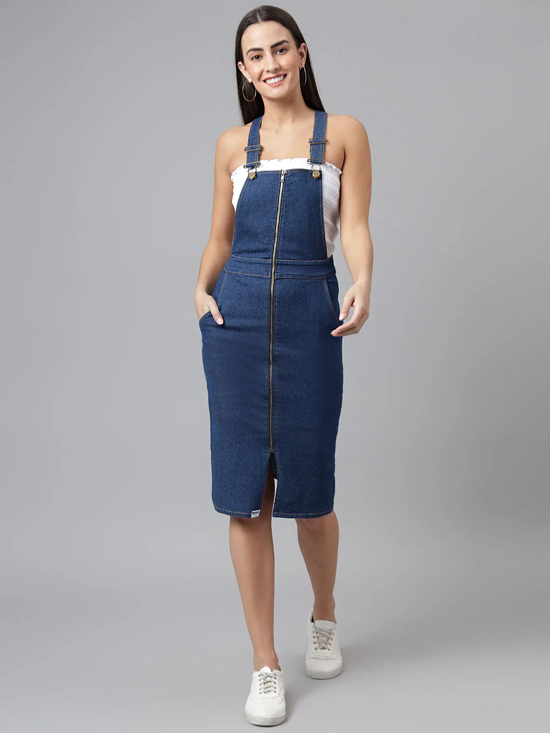 NaughtyDungaree® Women's Denim Dungaree Dress with Front Zip Opening