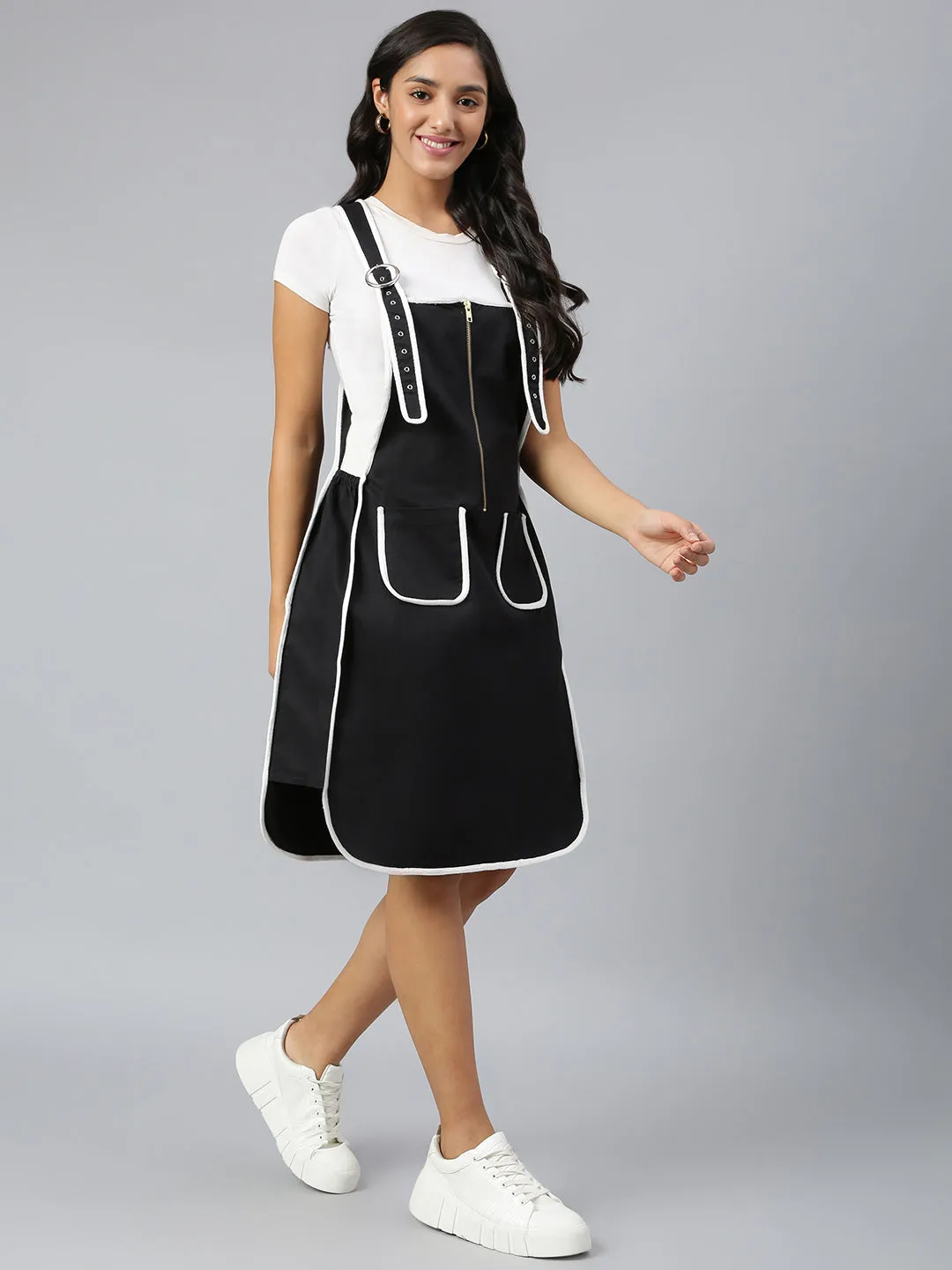 NaughtyDungaree® Women's Dungaree Dress with Contrast Piping - Ebony Black