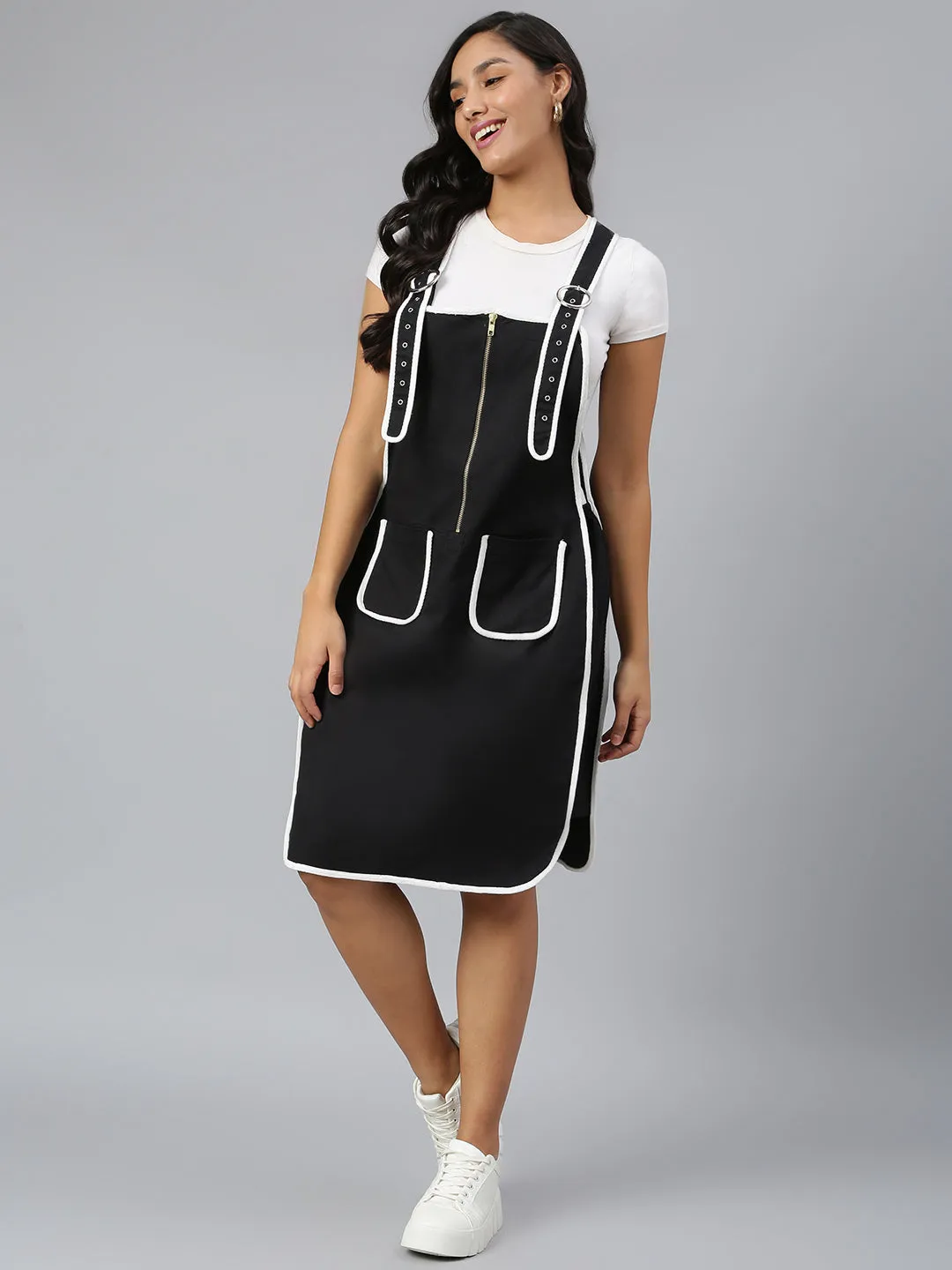 NaughtyDungaree® Women's Dungaree Dress with Contrast Piping - Ebony Black