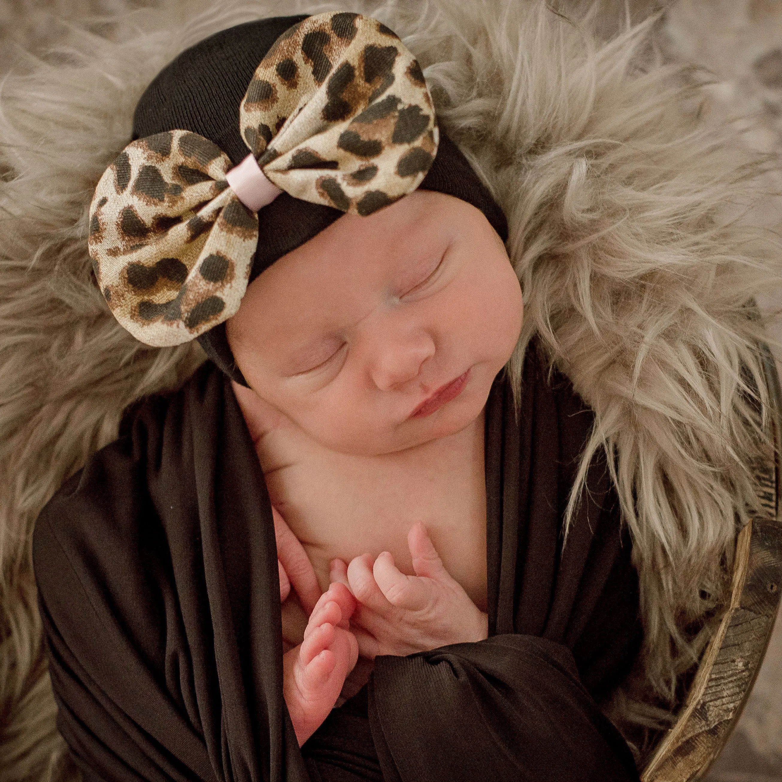 Newborn Baby Girl Hospital Beanie Hat with Leopard Bow, Black Color Baby Hat, 0-3 Month Size