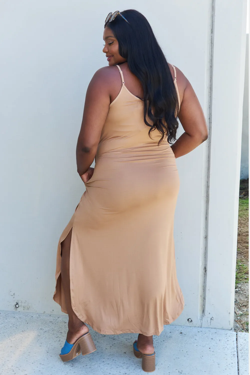 Ninexis Good Energy Full Size Cami Side Slit Maxi Dress in Camel