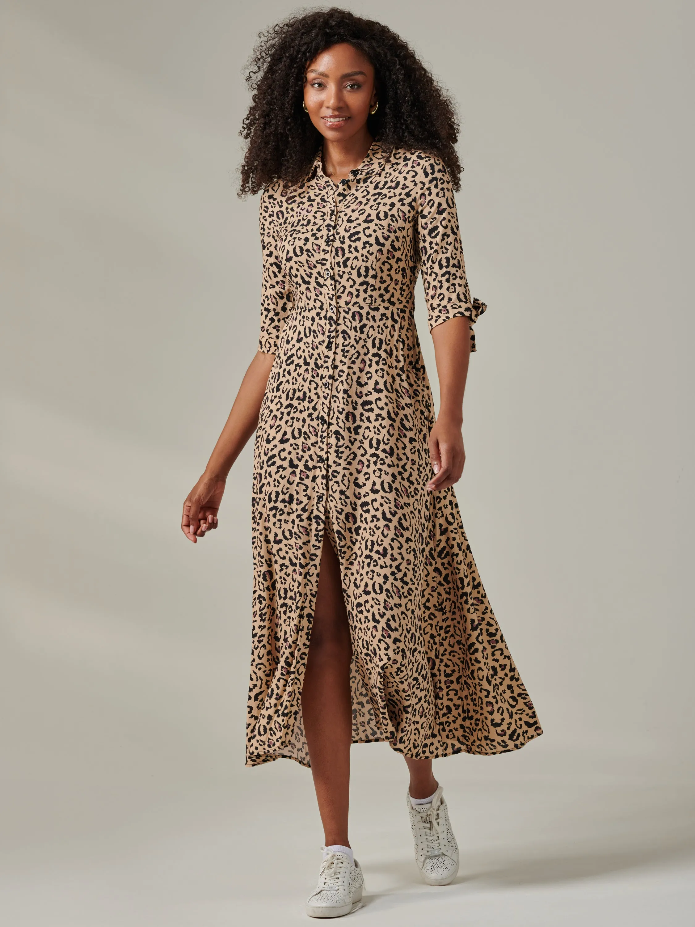 Nora Print Viscose Maxi Shirt Dress, Neutral Animal