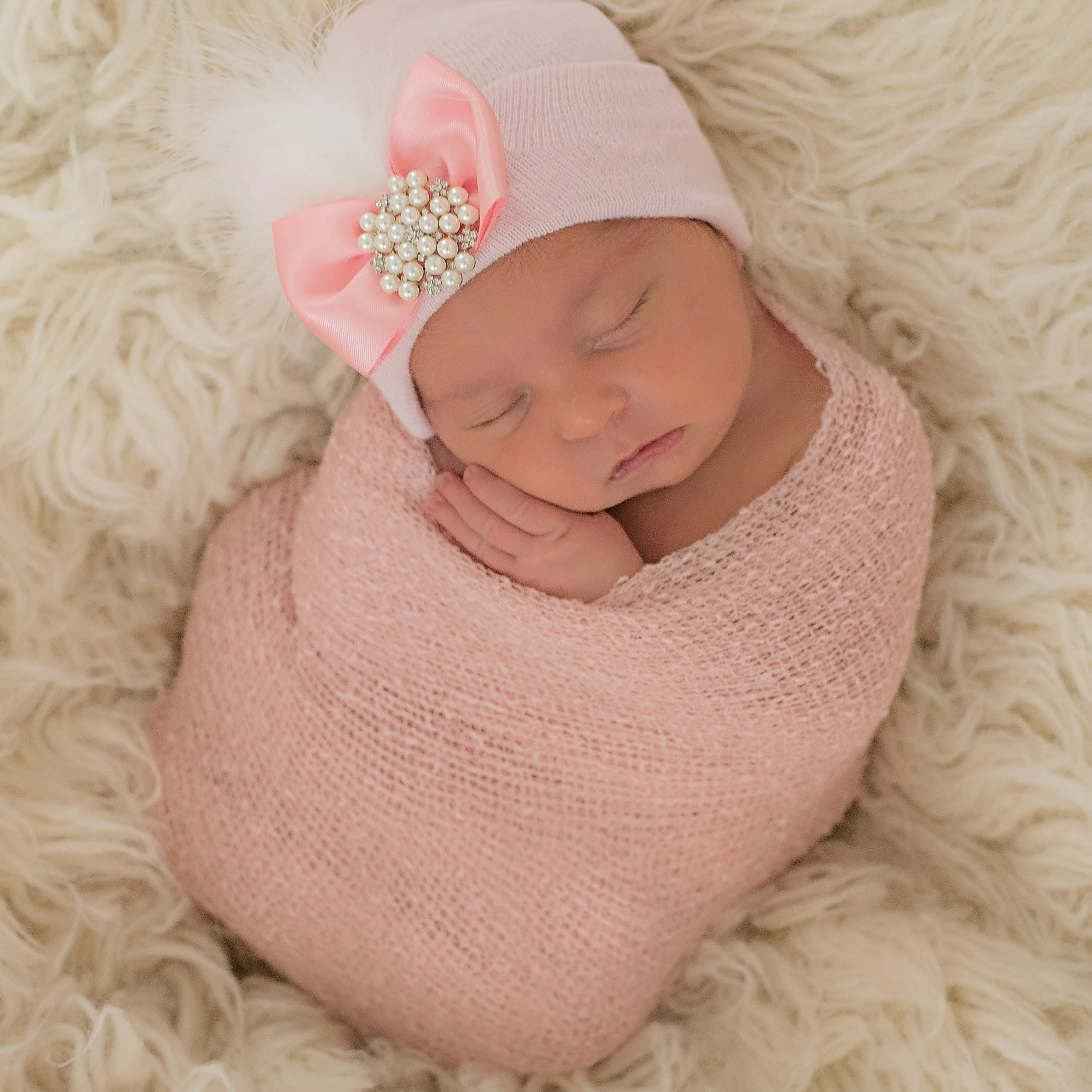 Pink Newborn Baby Girl Hospital Beanie Bow Hat With White or Pink Fancy Feather, Pearl and Rhinestone Jewel