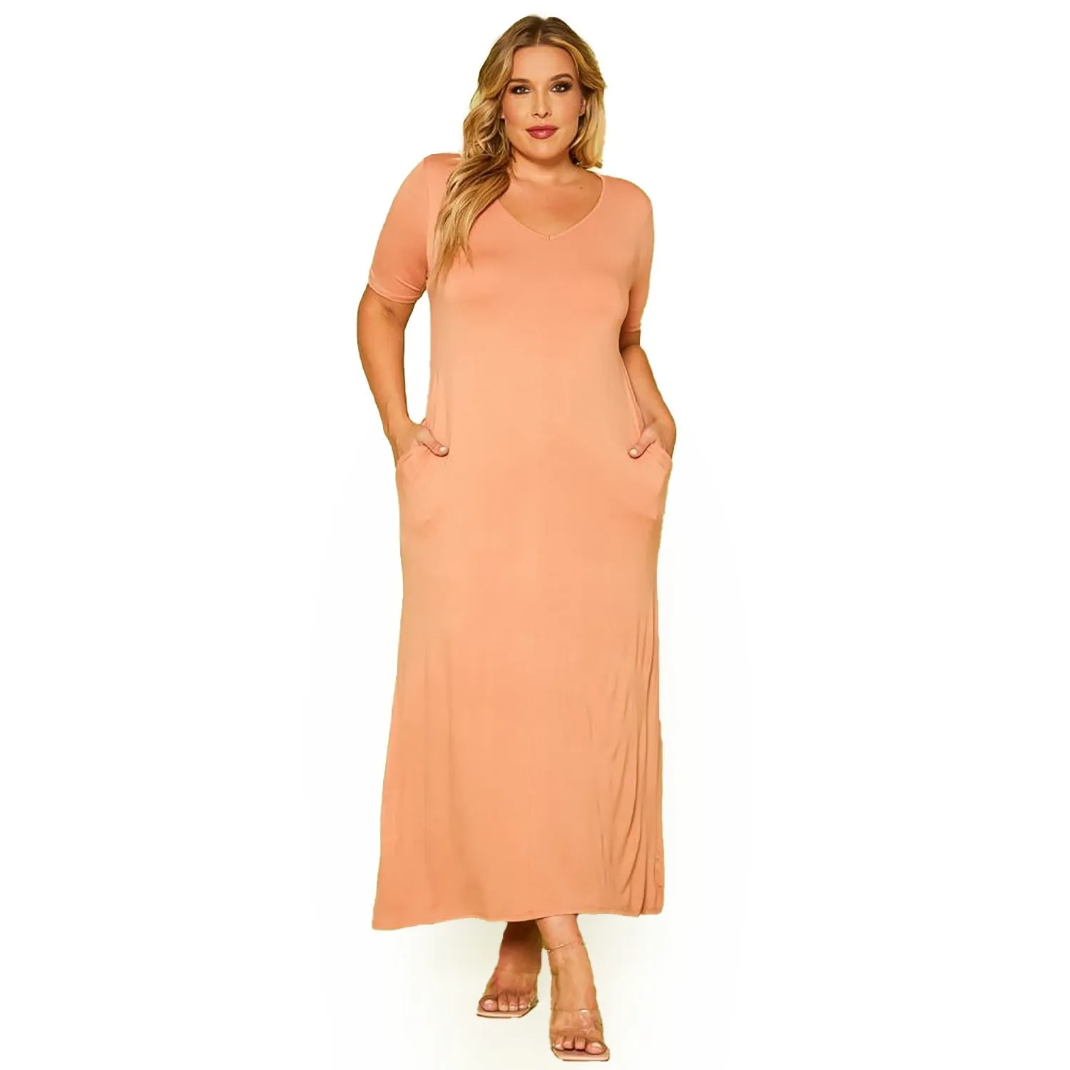 Plus Size V-neck Short Sleeve Maxi Dress With Pockets