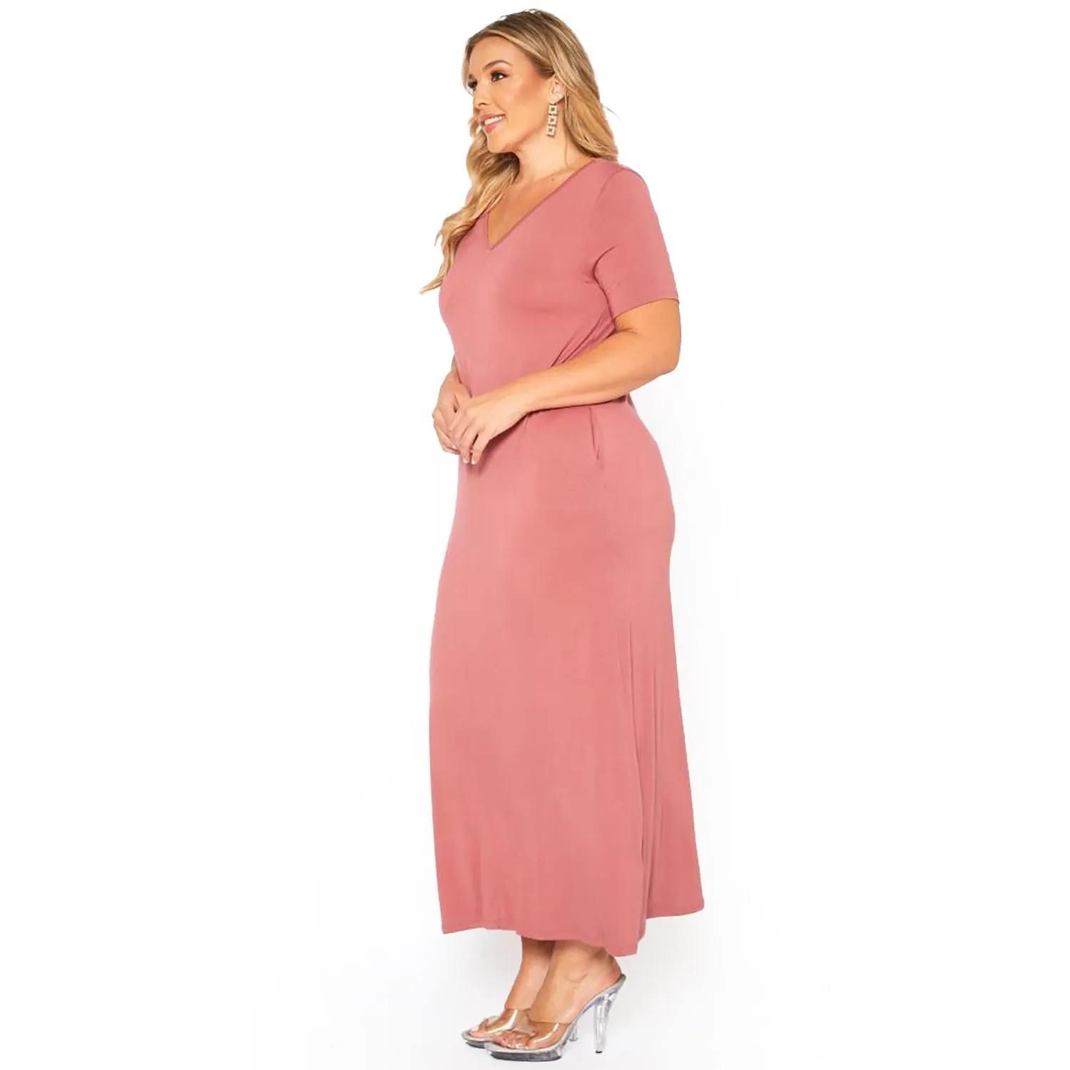 Plus Size V-neck Short Sleeve Maxi Dress With Pockets