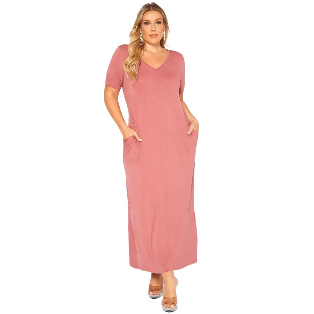 Plus Size V-neck Short Sleeve Maxi Dress With Pockets