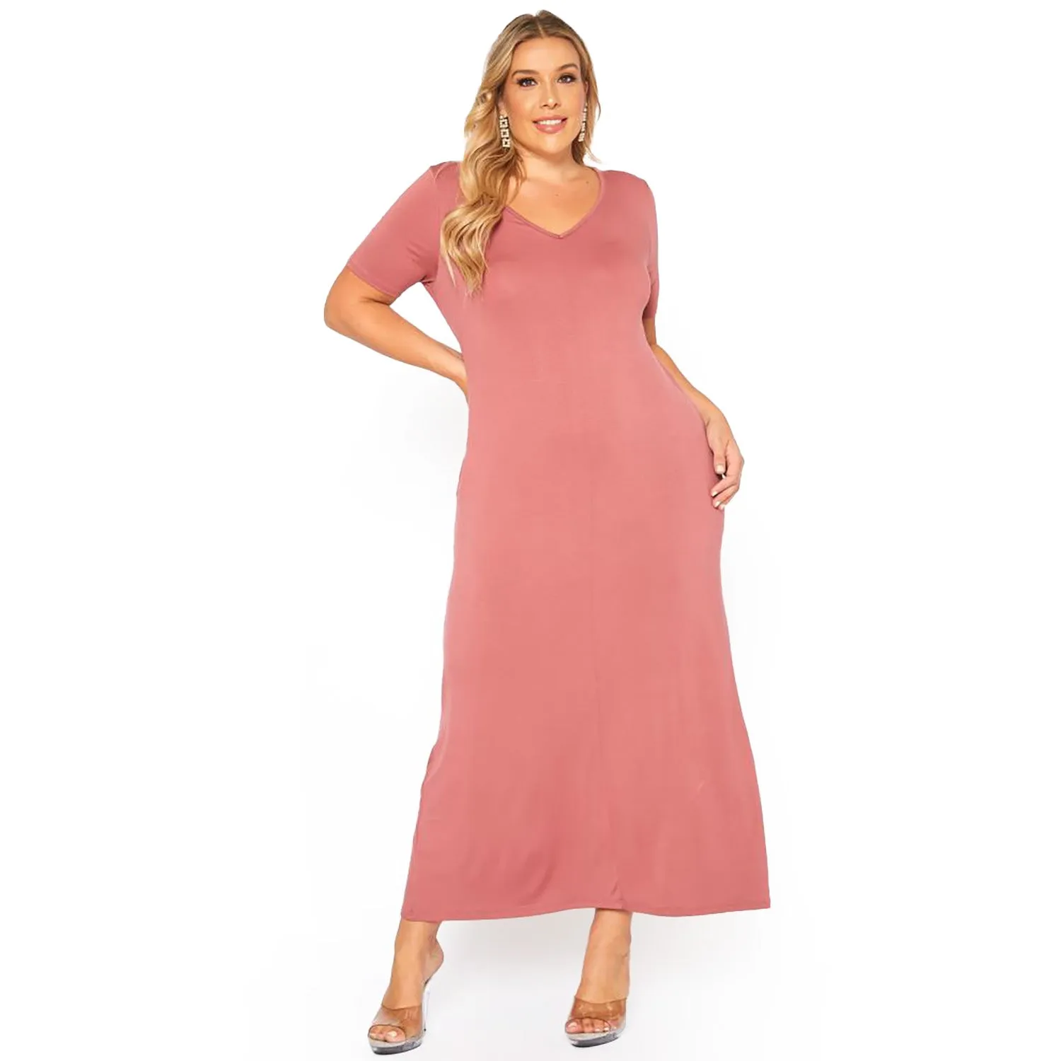 Plus Size V-neck Short Sleeve Maxi Dress With Pockets