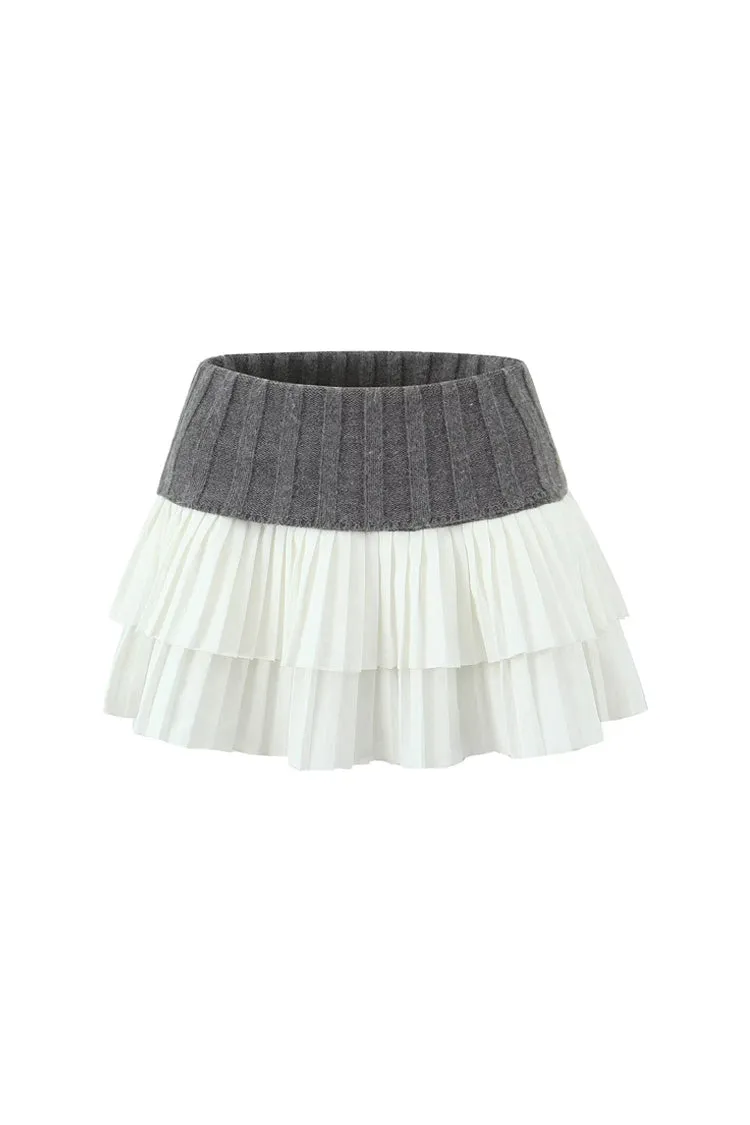 Preppy Foldover High Waist Ribbed Knit Panel Tiered Pleated Micro Mini Skirt