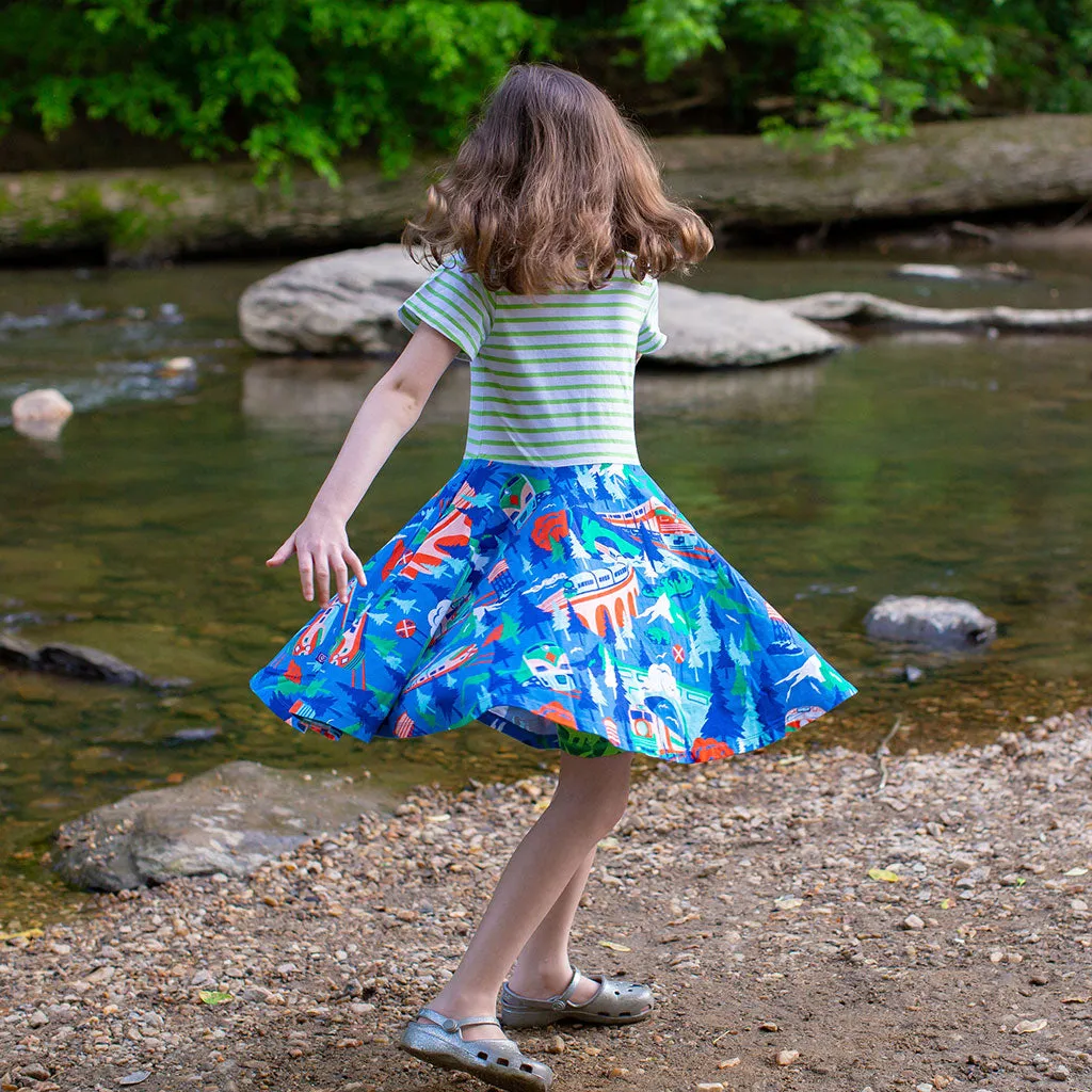 "All Aboard for Adventure" Trains Short Sleeve Super Twirler Play Dress with Pockets