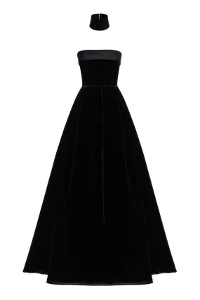 Regal Choker Fold Over Strapless Fit & Flare Velvet Evening Maxi Dress