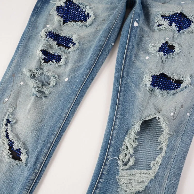 Sapphire Distressed Rhinestone Slim Jeans