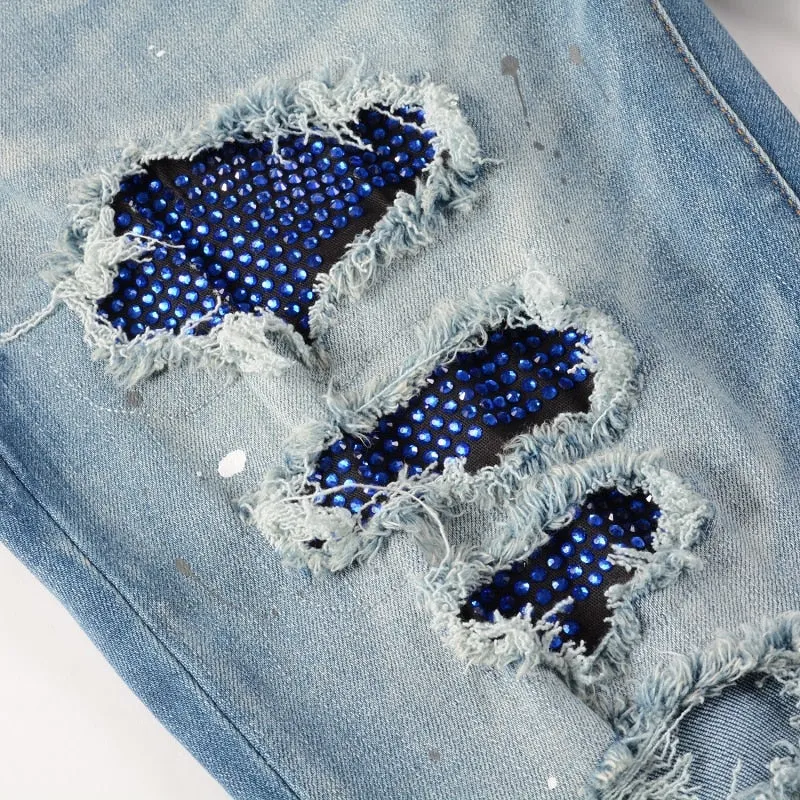 Sapphire Distressed Rhinestone Slim Jeans