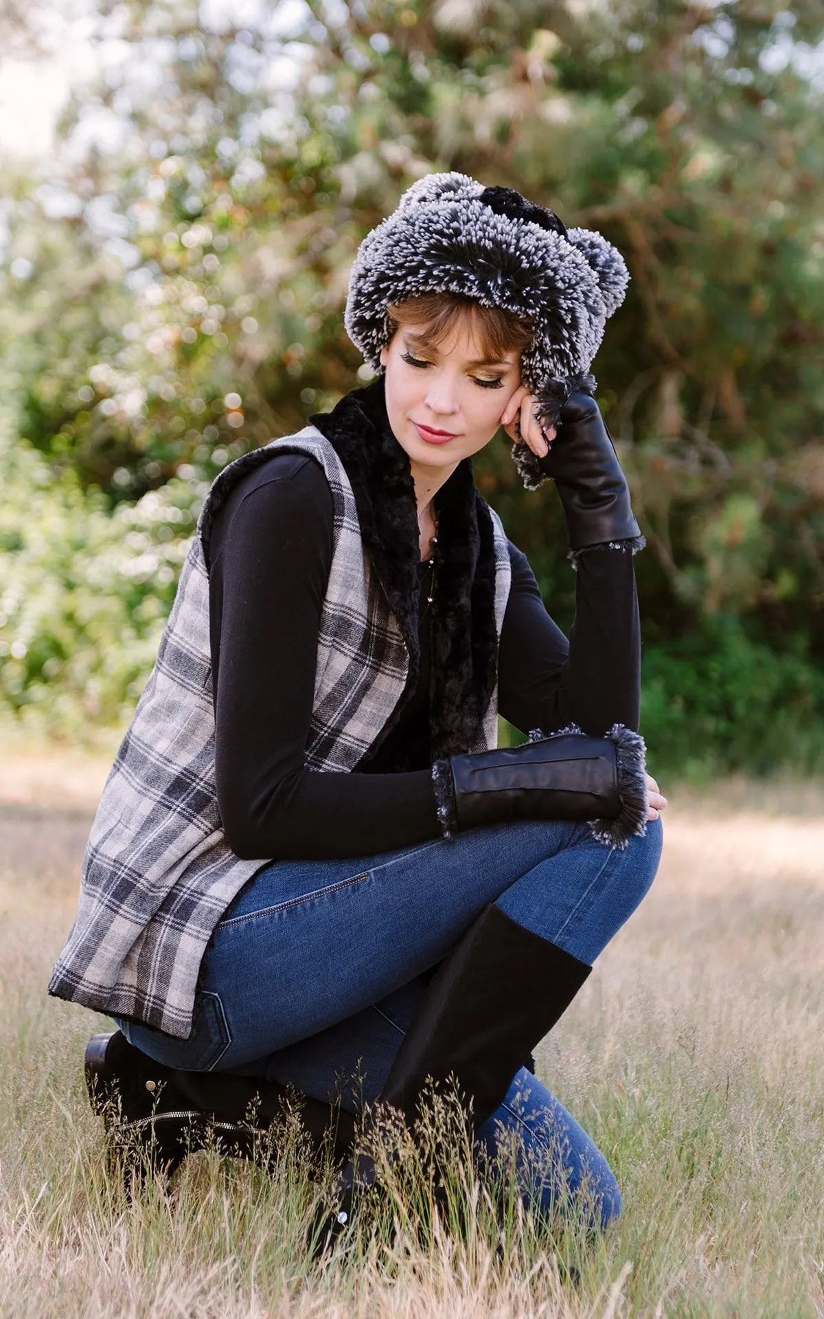 Shawl Collar Vest, Reversible less pockets - Wool Plaid with Cuddly Faux Fur (One Long Medium Twilight Left)