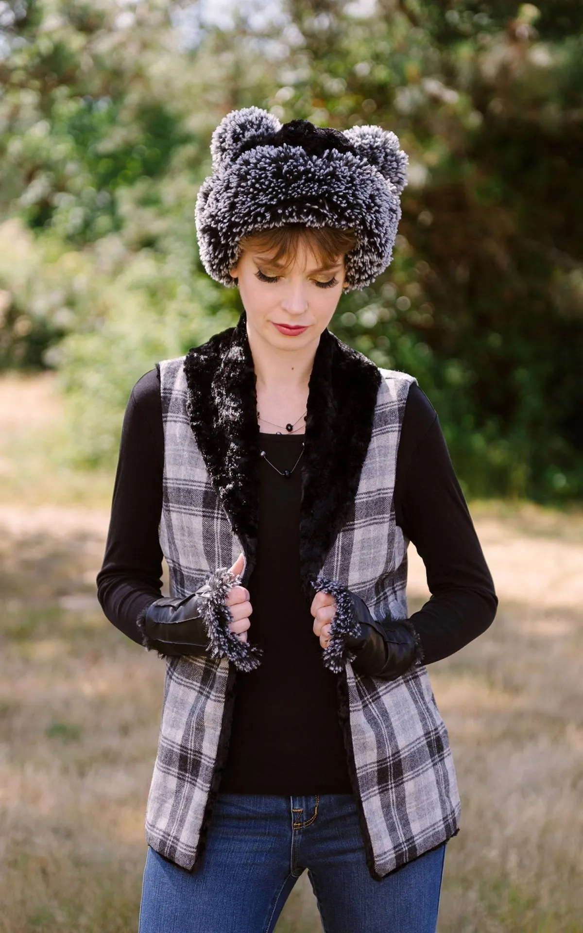 Shawl Collar Vest, Reversible less pockets - Wool Plaid with Cuddly Faux Fur (One Long Medium Twilight Left)