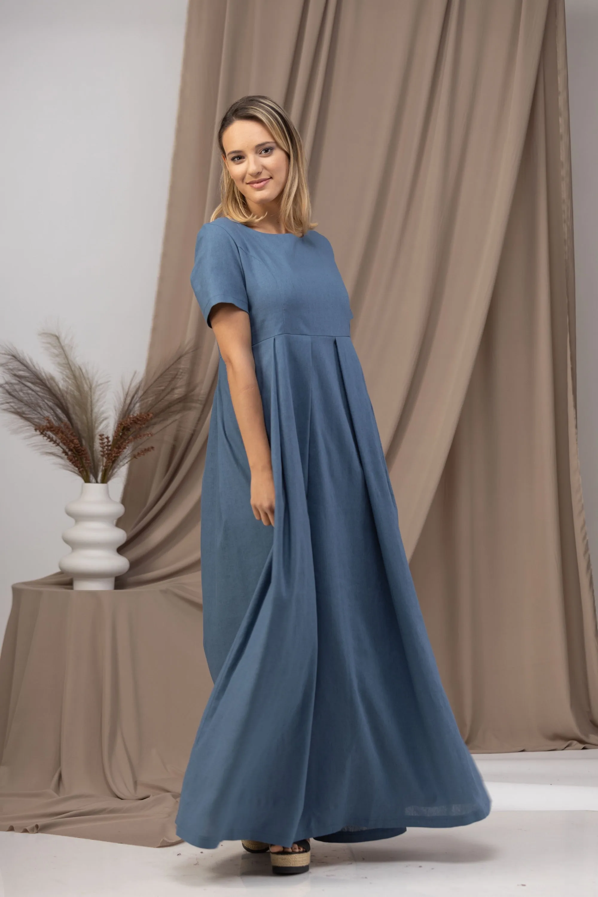 Short Sleeve Maxi Linen Dress with Pockets