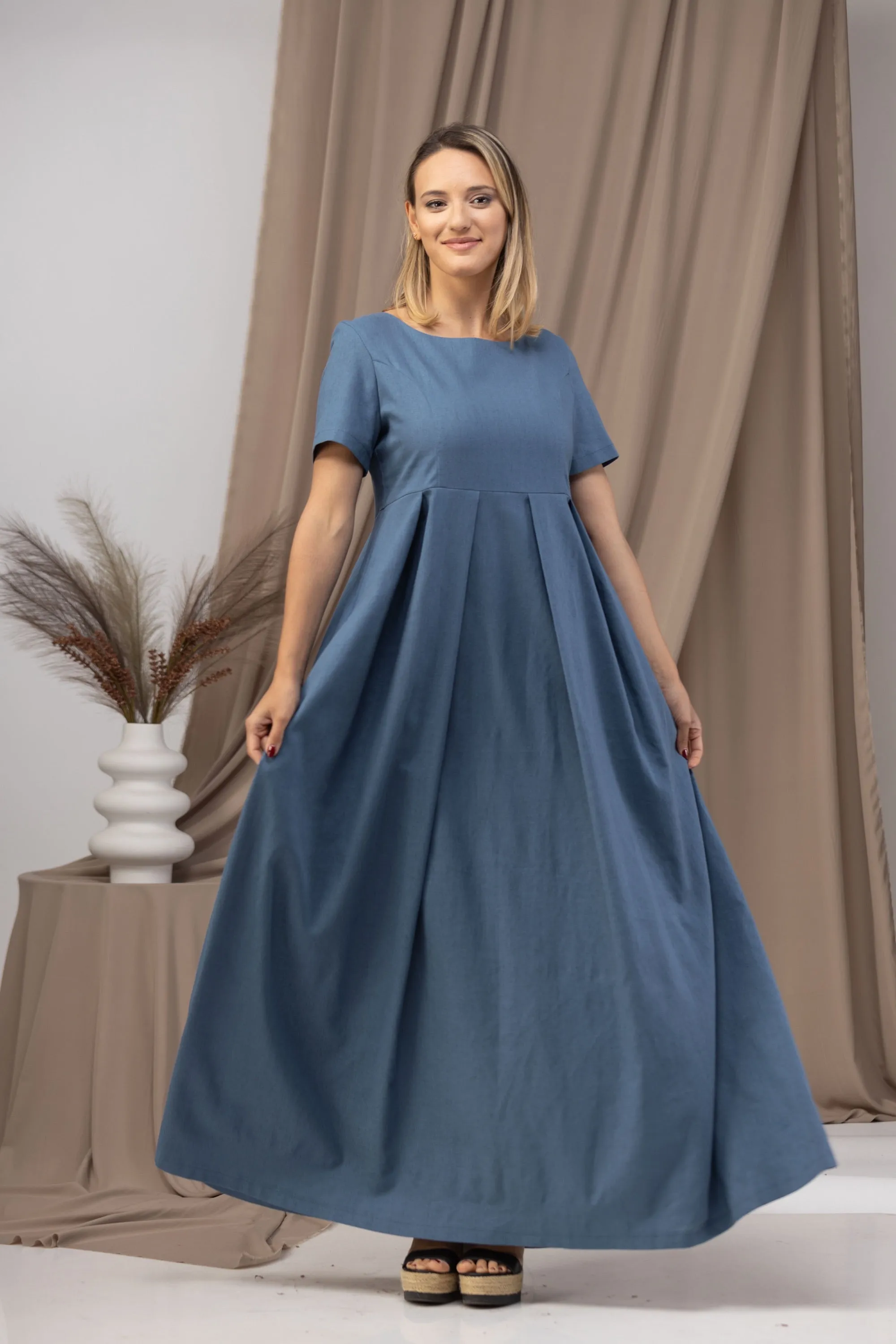 Short Sleeve Maxi Linen Dress with Pockets