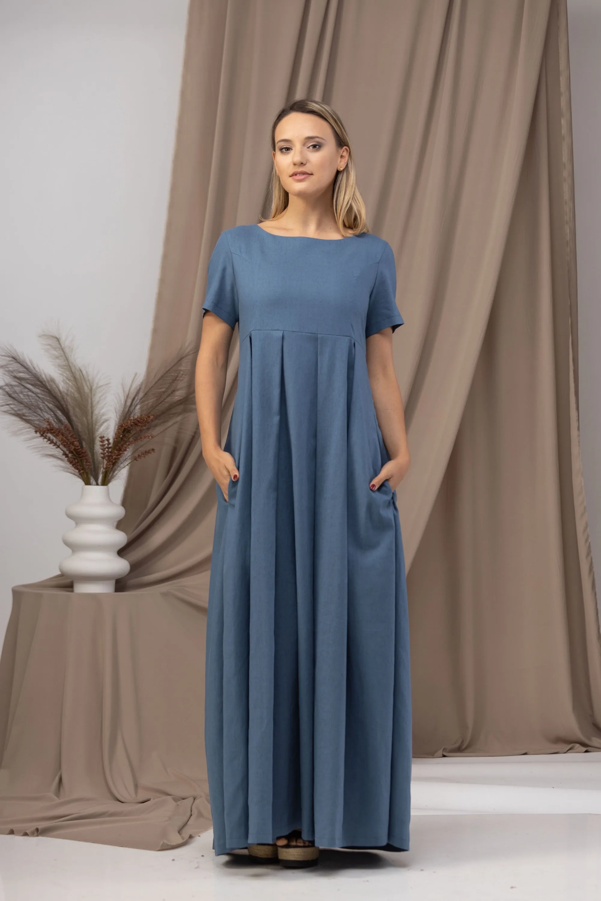 Short Sleeve Maxi Linen Dress with Pockets