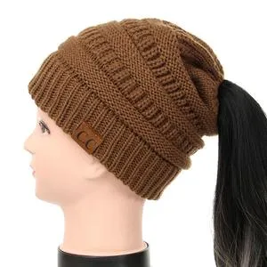 Soft Rib-Knit Beanie Stretchy Acrylic For High- Low-Pony or Ear Covers