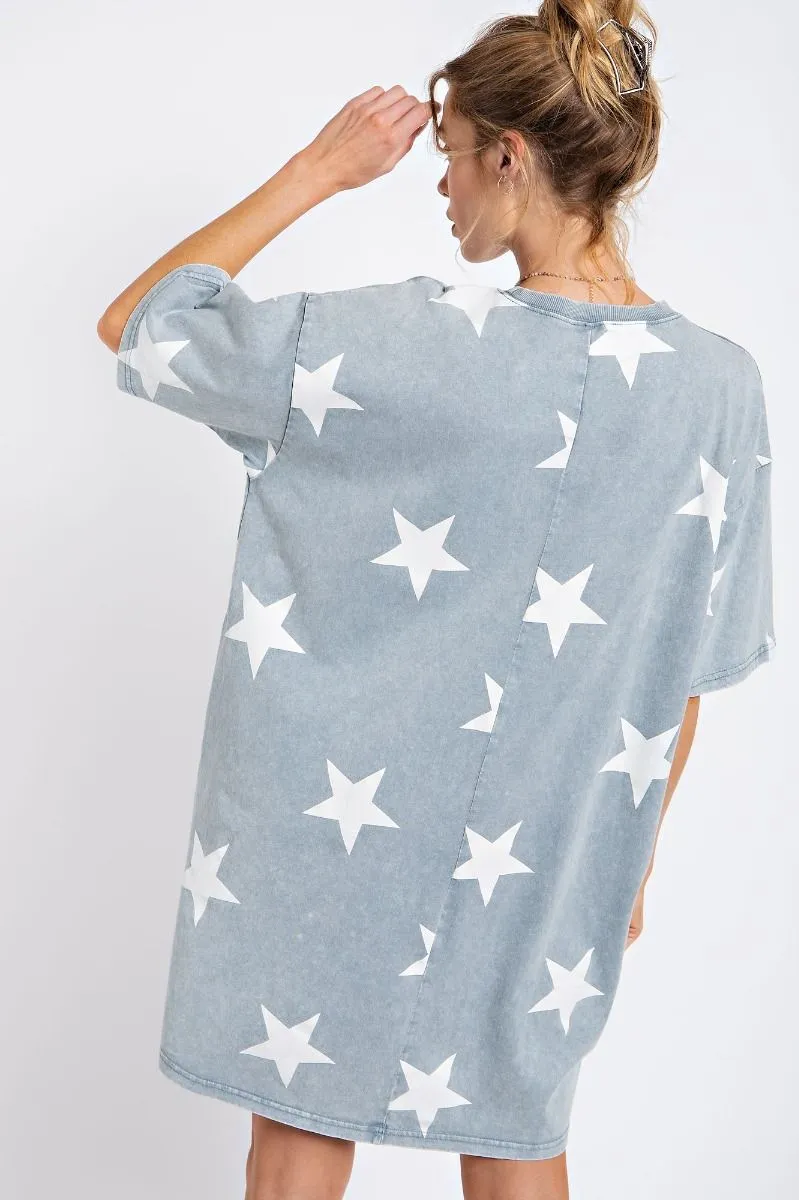 Star printed washed denim mineral washed tunic dress