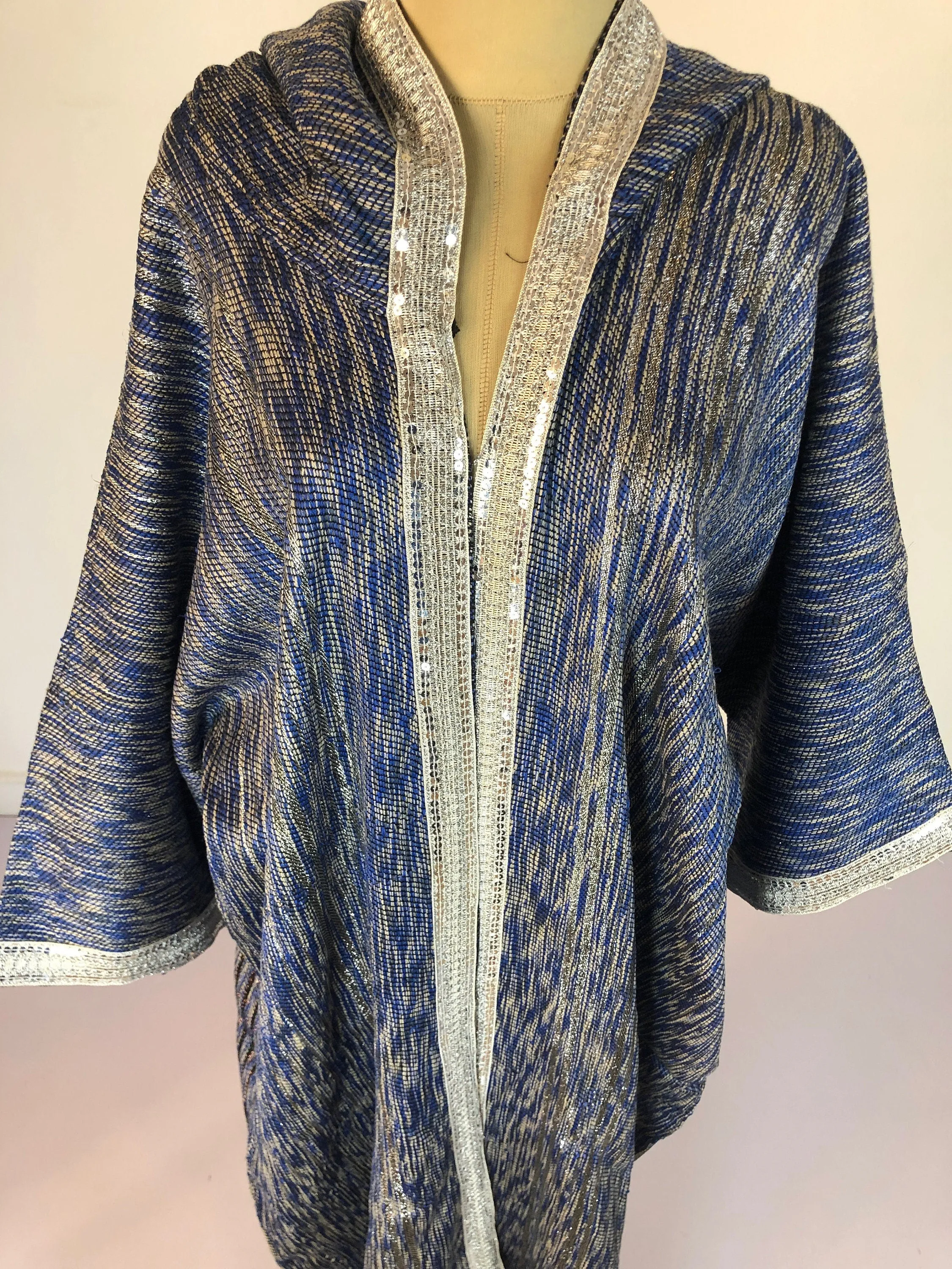 Stunning Arabic hand loomed hooded Kimono with hand loomed gold threads, Plus size Kimono jacket, Winter kimono jacket, Hooded Kimono