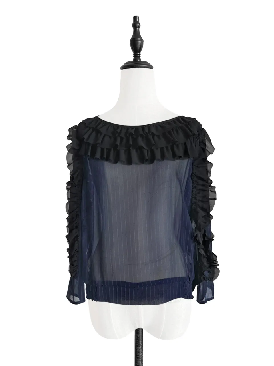 Surprise Sale! Navy Stripe & Print Ruffle Smocked Hem Silk Top