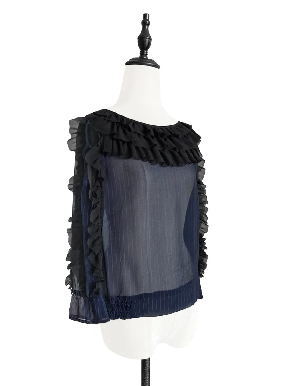 Surprise Sale! Navy Stripe & Print Ruffle Smocked Hem Silk Top