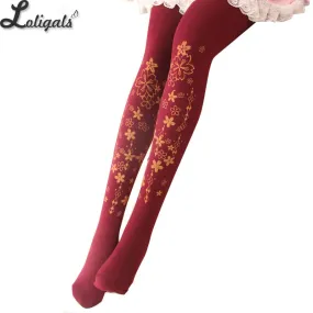 Sweet Sakura Printed Lolita Pantyhose Mori Girl Tights for Women Red/ White/ Black