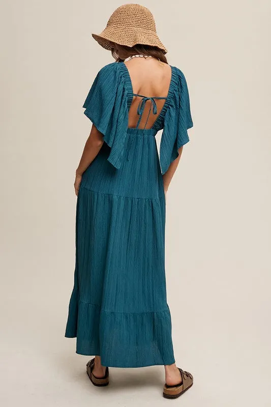 TEEK - Emerald Green V-neck Ruffle Sleeve Flowy Dress