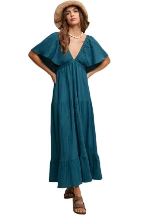 TEEK - Emerald Green V-neck Ruffle Sleeve Flowy Dress