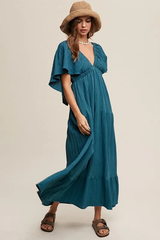 TEEK - Emerald Green V-neck Ruffle Sleeve Flowy Dress