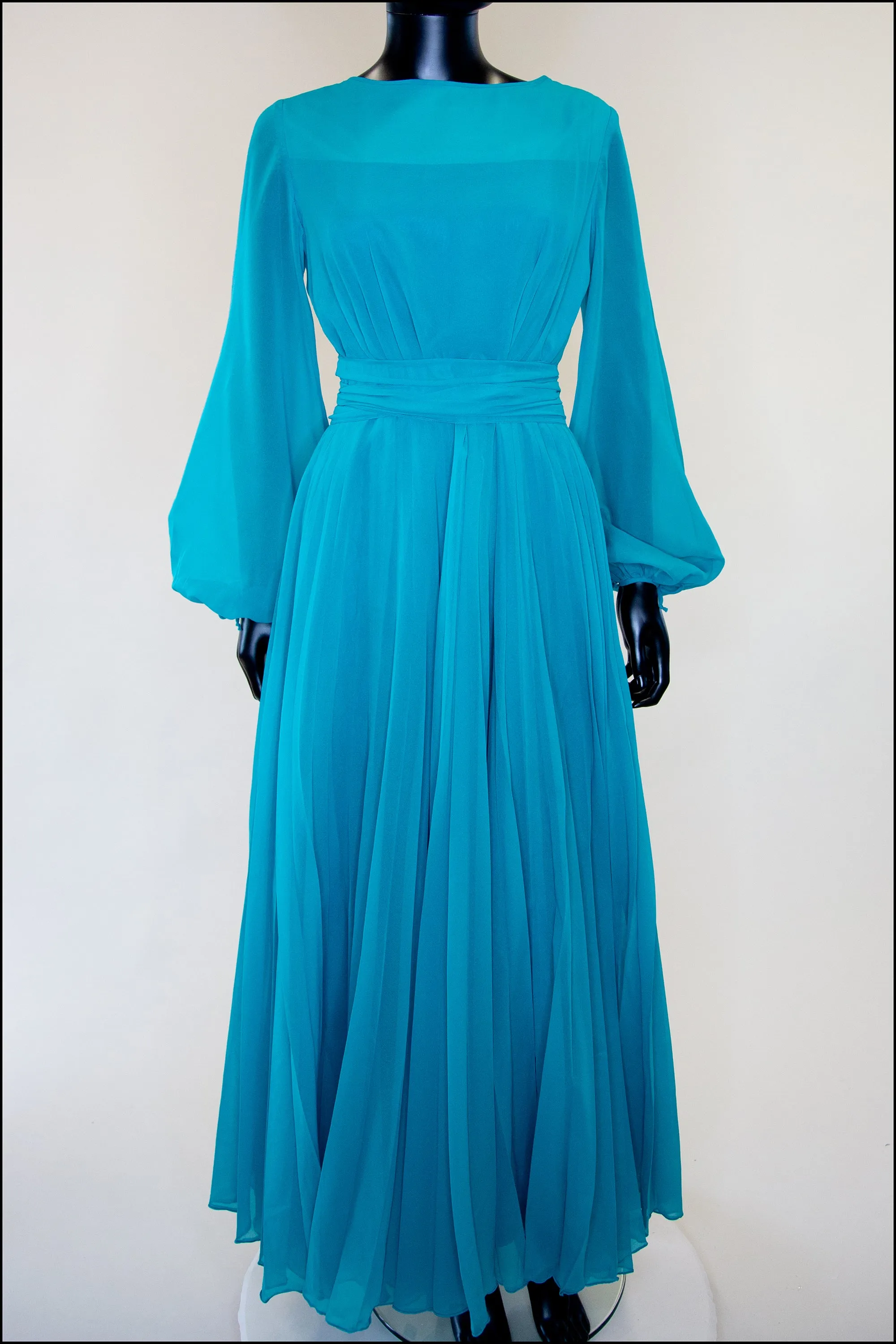 Vintage 1970s Teal Blue Chiffon Gown