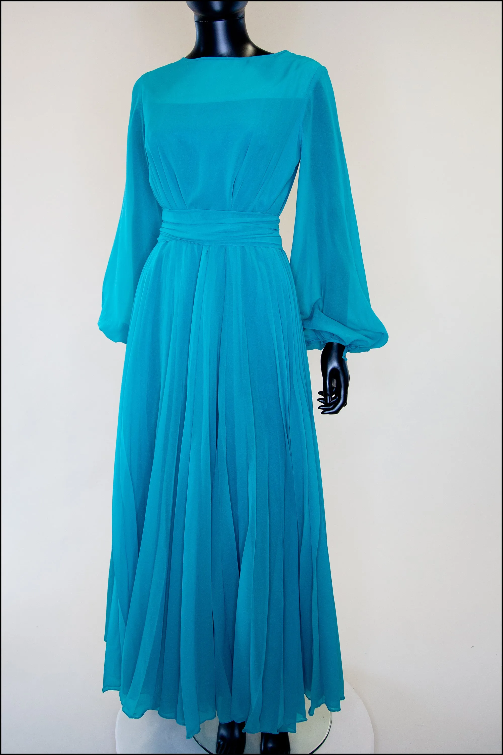 Vintage 1970s Teal Blue Chiffon Gown