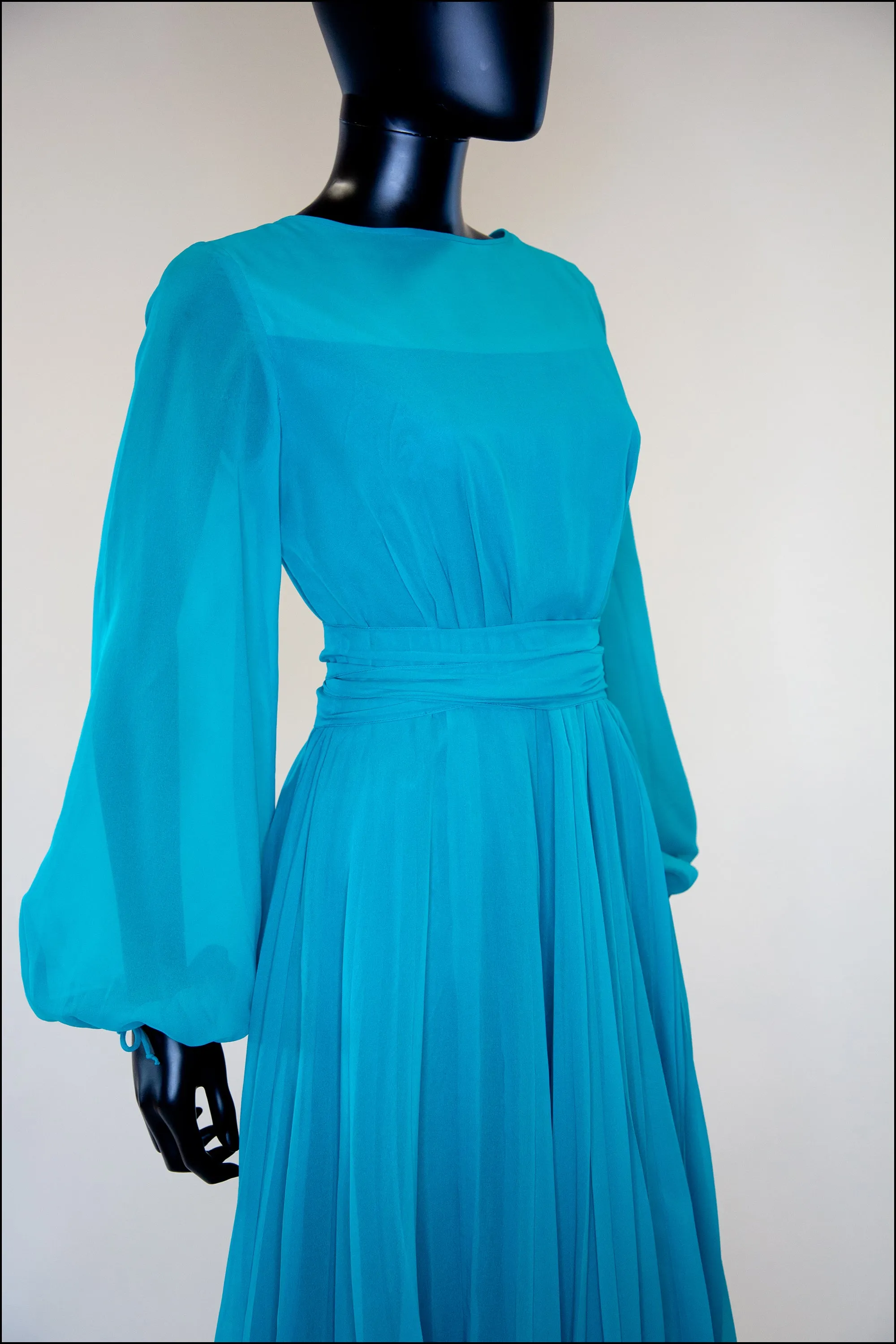 Vintage 1970s Teal Blue Chiffon Gown