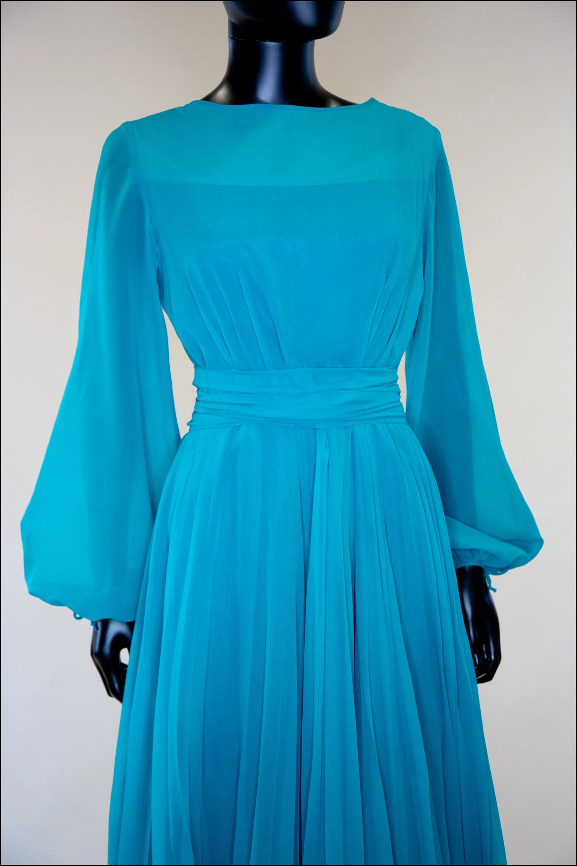 Vintage 1970s Teal Blue Chiffon Gown