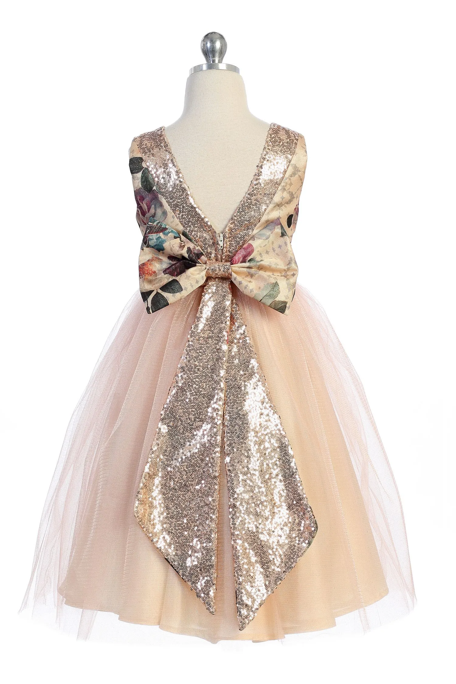 Vintage Floral Blush/Rose Gold Sequins V Back & Bow Girls Dress