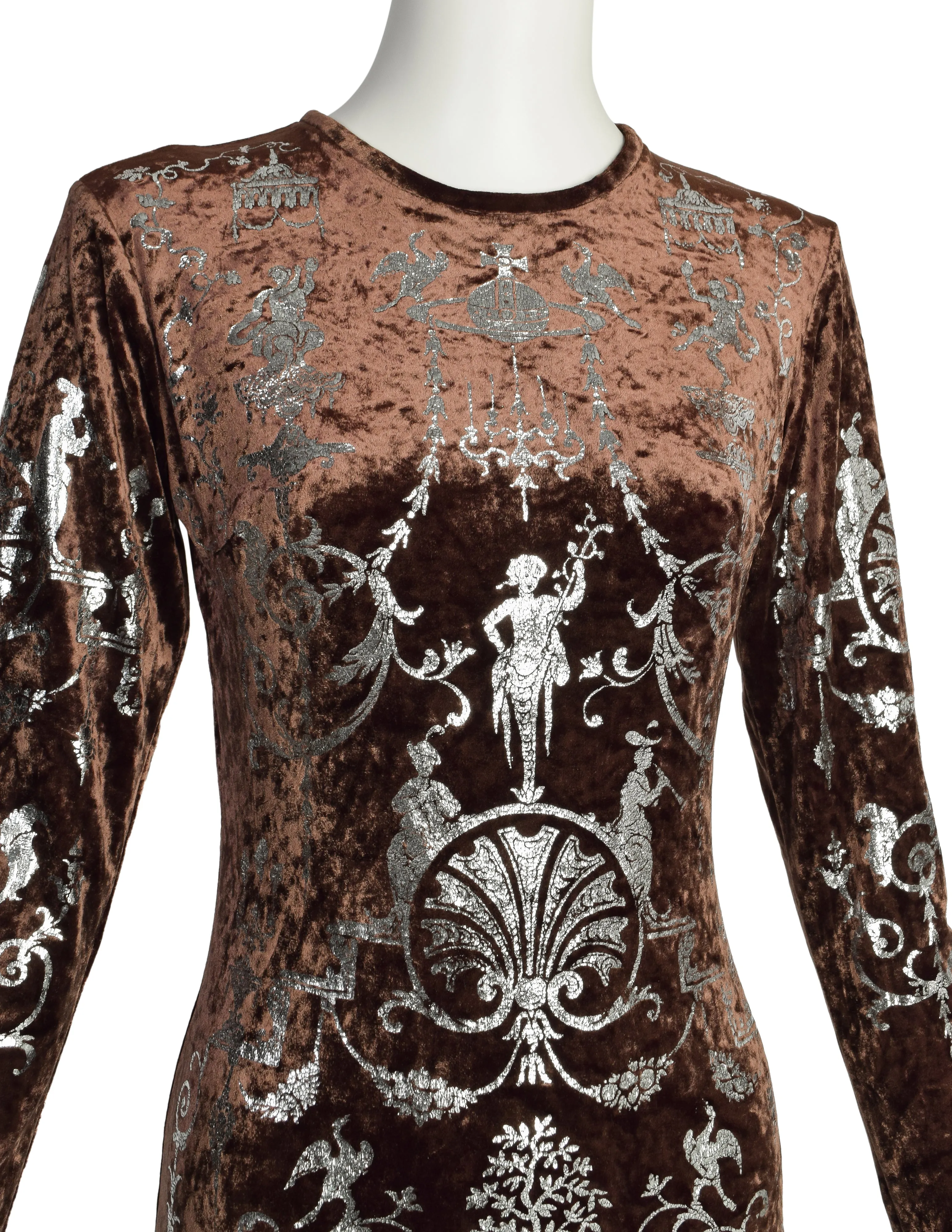 Vivienne Westwood Vintage RARE AW 1990 Portrait Collection Boulle Print Silver Foil Brown Crushed Velvet Catsuit