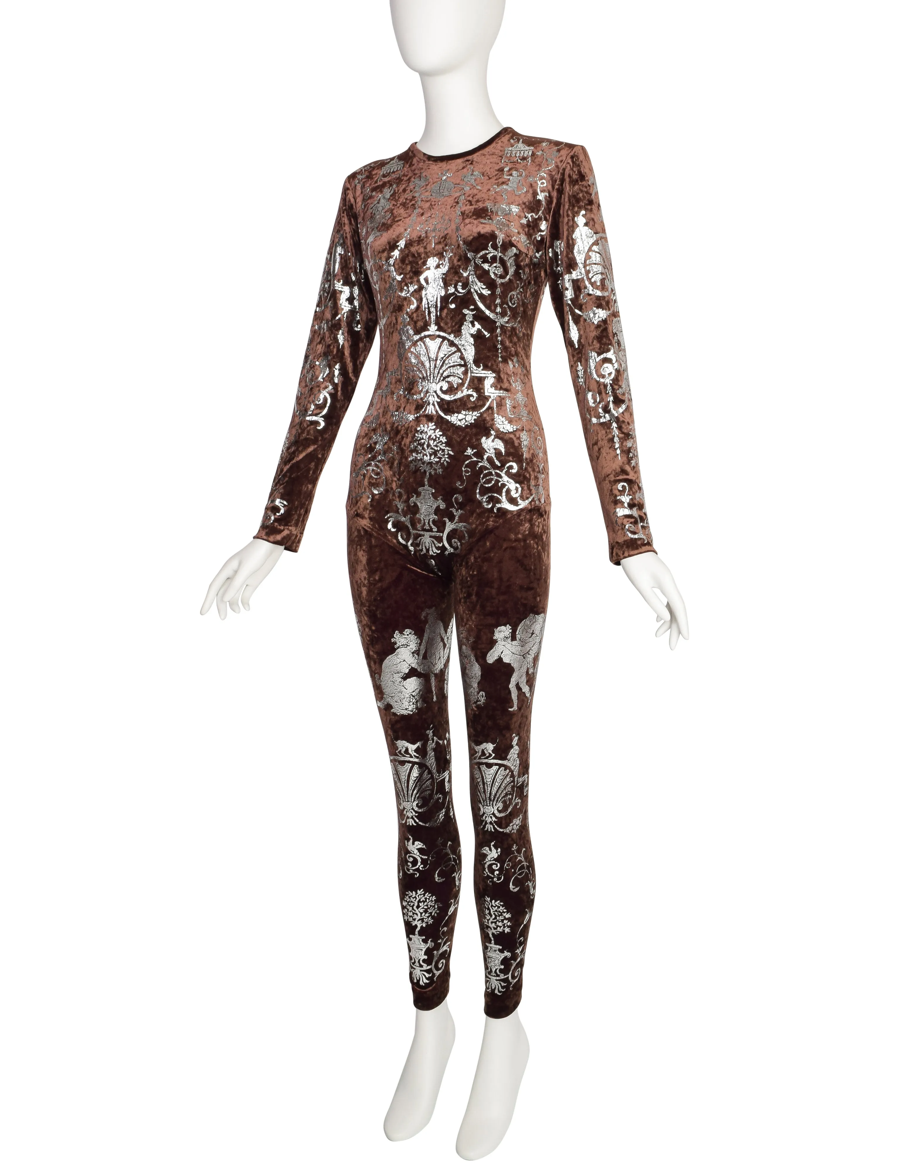 Vivienne Westwood Vintage RARE AW 1990 Portrait Collection Boulle Print Silver Foil Brown Crushed Velvet Catsuit