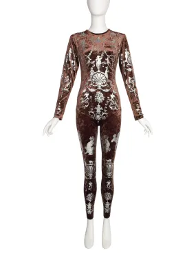 Vivienne Westwood Vintage RARE AW 1990 Portrait Collection Boulle Print Silver Foil Brown Crushed Velvet Catsuit