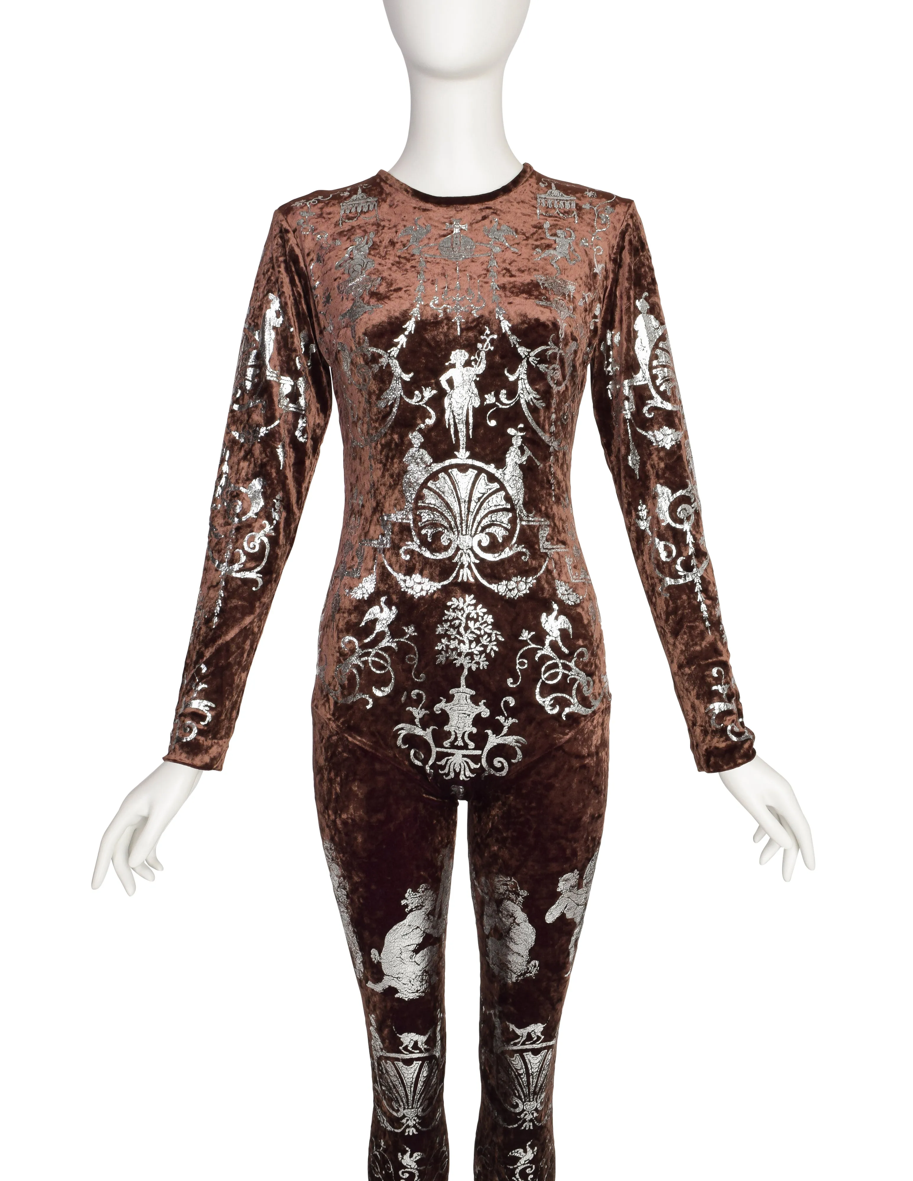 Vivienne Westwood Vintage RARE AW 1990 Portrait Collection Boulle Print Silver Foil Brown Crushed Velvet Catsuit